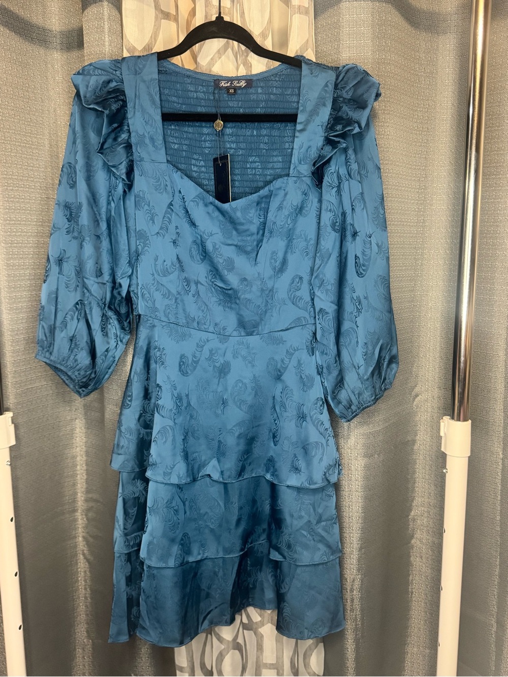 Teal Blue Jacquard Tiered Mini Dress with Puff Sleeves